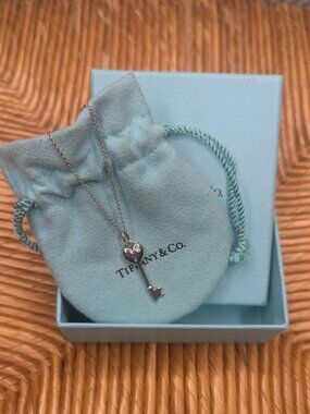Tiffany & Co. Sterling Silver Mini Heart Key Diamond Necklace w/ Box & Pouch